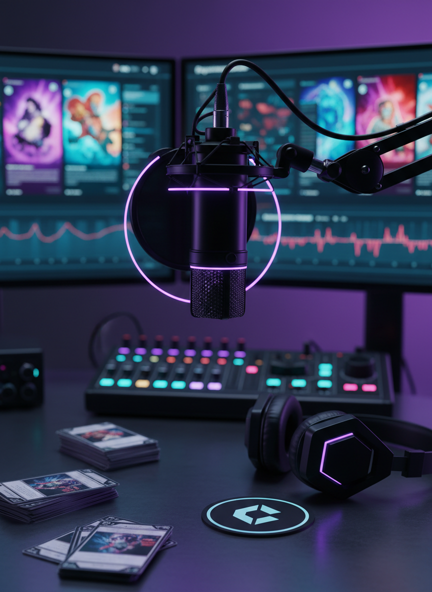 A futuristic podcast recording setup dedicated to cyberpunk TCG coverage, centered on a heavy matte-black microphone suspended from an articulated arm, its body wrapped in a subtle hex-grid texture and accented by neon-purple LED rings. Behind it, a dual-monitor rig displays blurred, colorful TCG card artwork and live meta charts, while a compact mixing console glows with cyan and magenta indicators. The desk surface is dark brushed steel, scattered with sleeved cards, a minimalist logo coaster, and a pair of angular, folded-over-ear headphones resting beside the mic. Cool, cinematic key lighting from one side and soft ambient purple backlighting create a dramatic contrast and slight halo around the microphone. Shot from a slightly elevated angle with shallow depth of field, the mood is bold, technical, and broadcast-ready, ideal for a news and podcast hub.